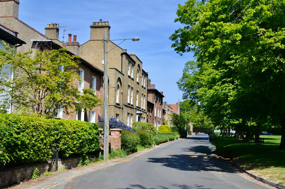A residential street with a row of traditional brick houses featuring varied architectural details, such as arched windows and chimneys, situated behind well-maintained green front gardens. The gardens are bordered by neatly trimmed hedges and small trees, some with fresh spring foliage in shades of green. The asphalt road curves gently to the right, with a low curb separating it from the gardens. On the left side, a tall utility pole supports a street light and some wiring, positioned close to the middle of the scene. To the right, a large deciduous tree with dense, vibrant green leaves extends its branches over the sidewalk, casting dappled shadows on the pavement. The sky above is clear and blue, indicating a bright, sunny day. The scene appears peaceful and typical of a residential area, with the image conveying a context where private waste collection or on-site clearance by a professional rubbish removal service may occur, although no rubbish containers or activity is visible in this shot.